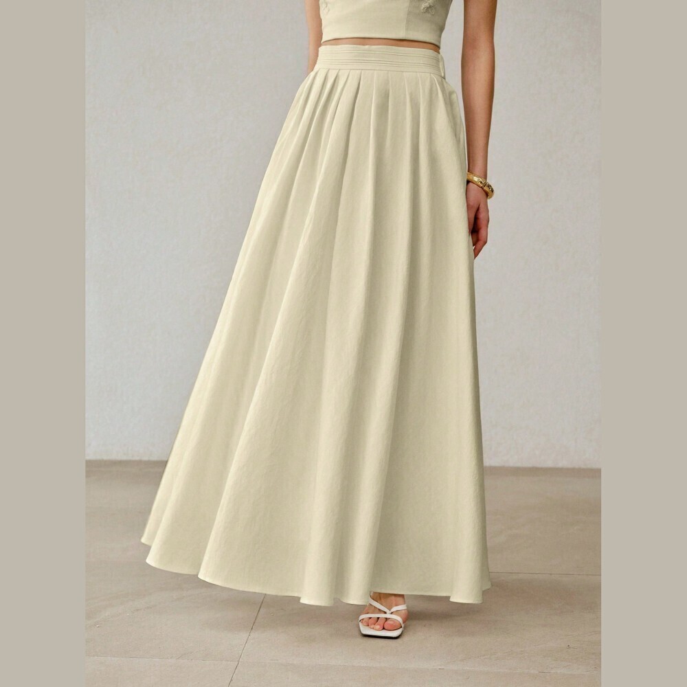 Cream Woven Pleated Waistband Flowy A-Line Maxi Skirt